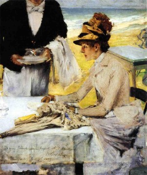 three women at the table by the lamp Painting - Ordering Lunch by the Seaside William Merritt Chase